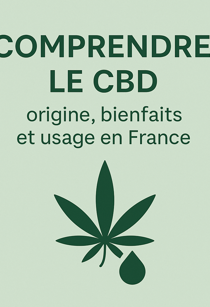Image informative avec le titre "Comprendre le CBD" et une illustration de feuille de chanvre et goutte d’huile, décrivant l’origine, les bienfaits et l’usage du CBD en France.