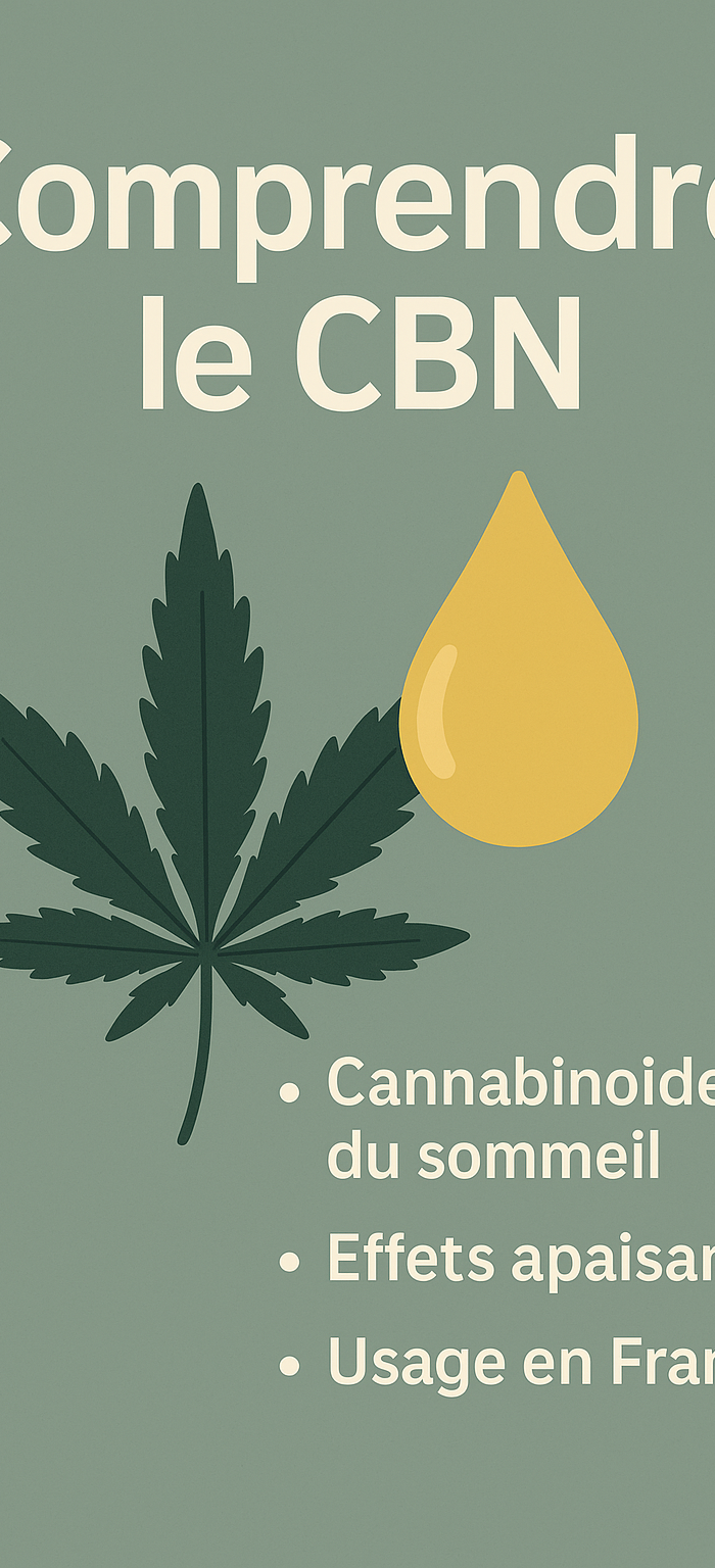 Illustration explicative sur le CBN avec une feuille de chanvre, une goutte dorée et les mentions "cannabinoïde du sommeil", "effets apaisants", "usage en France".
