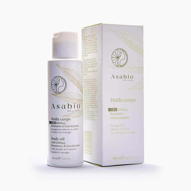 Huile pour le corps Asabio enrichie en CBD (600 mg), romarin et eucalyptus. Idéale pour le massage, elle procure détente, vitalité et soulagement musculaire. Formule naturelle pour une peau nourrie et apaisée.