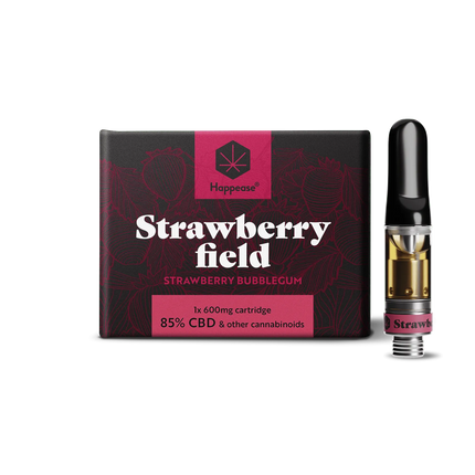 Cartouche CBD Happease Strawberry Field – 85% CBD, saveur fraise bubblegum. Compatible avec les stylos vape standards. Profitez d’une expérience aromatique fruitée avec Herbeevor.