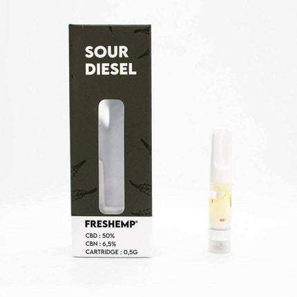 Cartouche Wax Sour Diesel de Freshemp avec 50% de CBD et 6,5% de CBN, conçue pour une expérience de vapotage intense et relaxante. Compatible avec les batteries vape pen 510. Disponible chez Herbeevor, votre spécialiste du CBD en ligne