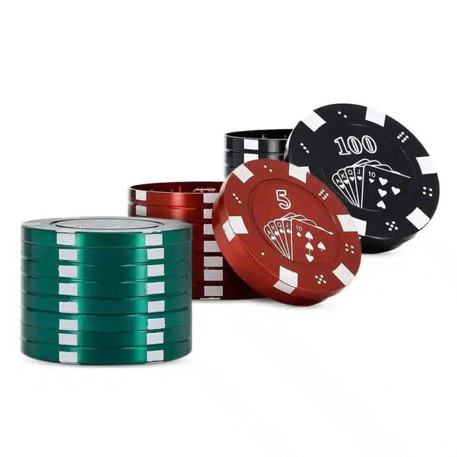 Grinder Poker 42mm en forme de jeton de casino, avec 3 étages et finition métallique. Modèle Champ High pour un broyage efficace et stylé.