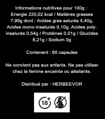 nformations nutritionnelles des capsules de CBD Broad Spectrum Herbeevor : 220,02 kcal pour 100g, 7,99g de matières grasses, 8,21g de glucides, 0,01g de protéines. Contient 60 capsules. Produit non recommandé pour les enfants, femmes enceintes ou allaitantes.